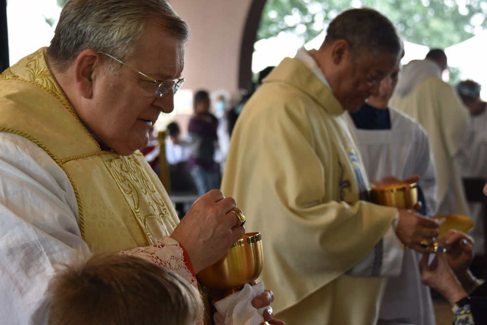 Chicago Auxiliary Bishop Joseph Perry and U.S. Cardinal Raymond Burke distribute Communion during Mass July 9 at the National Blue Army Shrine of Our Lady of Fatima in Asbury, New Jersey. (CNS/World Apostolate of Fatima, USA)