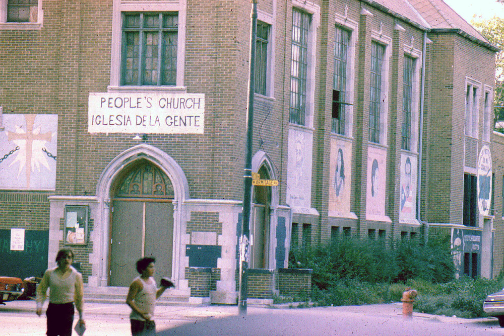 A banner for the "People's Church" hangs outside Armitage Methodist Church, circa 1970. (Photo © Carlos Flores)