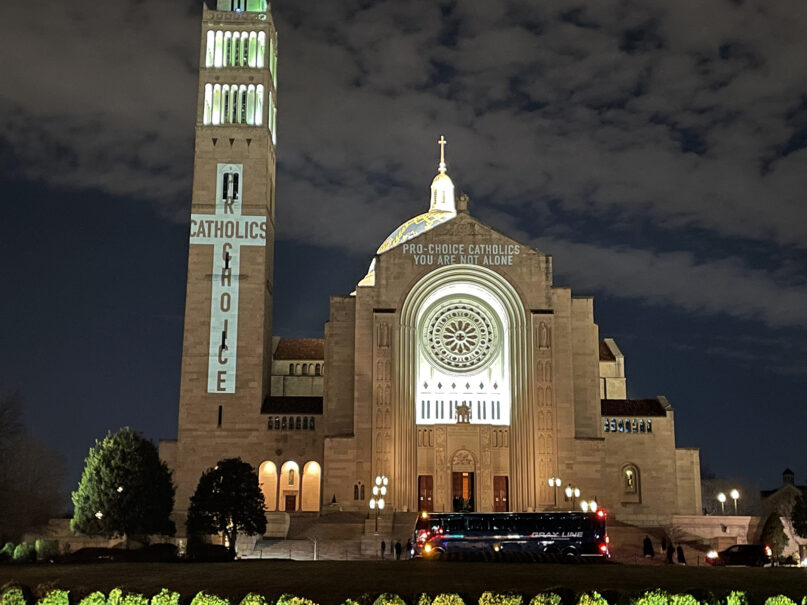 Messages voicing support for abortion rights are projected onto the Basilica of the National Shrine of the Immaculate Conception in Washington, D.C., Thursday, Jan. 20, 2021. (RNS photo by Jack Jenkins) Messages voicing support for abortion rights are projected onto the Basilica of the National Shrine of the Immaculate Conception in Washington, D.C., Thursday, Jan. 20, 2021. (RNS photo by Jack Jenkins)