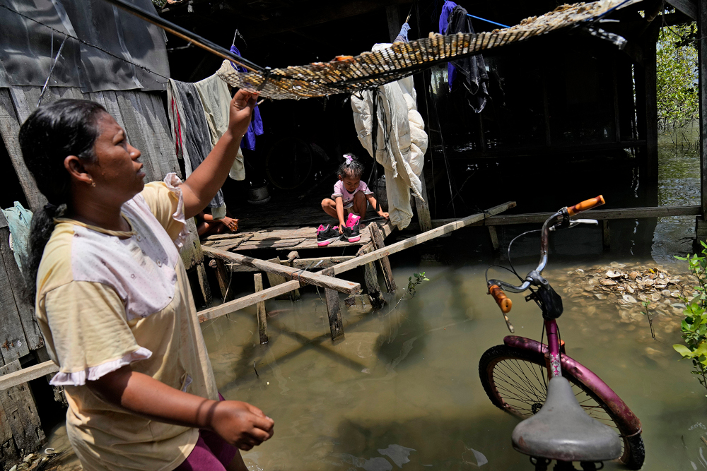 Nia Riningsih checks salted fish she dries as her daughter Safira plays at their house in Mondoliko village, Central Java, Indonesia, Sunday, Nov. 7, 2021. (AP/Dita Alangkara)