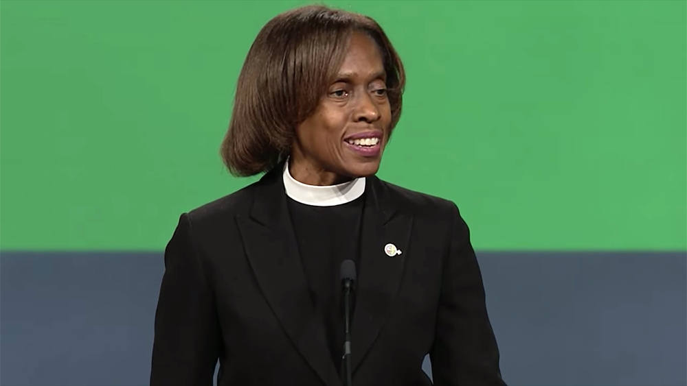 Bishop Viviane Thomas-Breitfeld speaks ELCA Churchwide Assembly in Milwaukee. (RNS photo/Video screenshot)