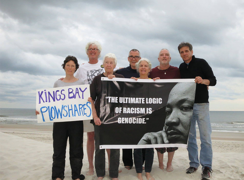 The Kings Bay Plowshares 7. From left to right: Clare Grady, Patrick O’Neill, Elizabeth McAlister, Stephen Kelly, Martha Hennessy, Mark Colville, Carmen Trotta. (RNS photo/courtesy of the Kings Bay Plowshares 7)
