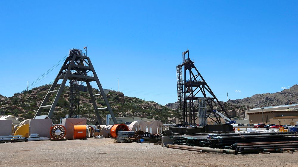 This file photo taken June 15, 2015, shows the Resolution Copper Mining area Shaft #9, right, and Shaft #10, left, that await the expansion go-ahead in Superior, Arizona. (AP/Ross D. Franklin)