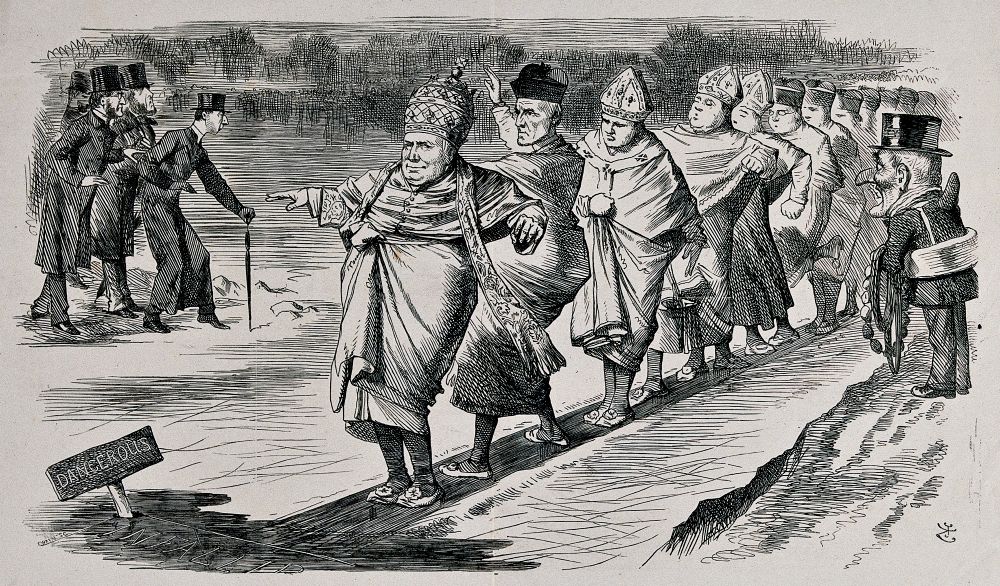 An 1869 English illustration satirizes the debate over papal infallibility during the First Vatican Council. (Wellcome Library, London) An 1869 English illustration satirizes the debate over papal infallibility during the First Vatican Council. (Wellcome Library, London)