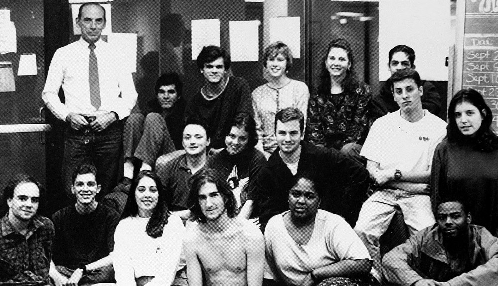 Jesuit Fr. Raymond A. Schroth, top left, poses with staff of The Maroon, the student newspaper of Loyola University New Orleans, for a yearbook photo in 1994. (The Wolf yearbook archives)