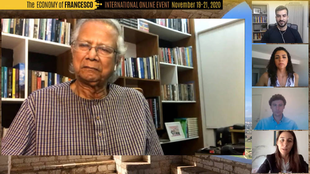 Bangladeshi economist and Nobel Prize winner Muhammed Yunus speaks with a group of young economists Nov. 20 during the Economy of Francesco virtual event. (NCR screenshot)