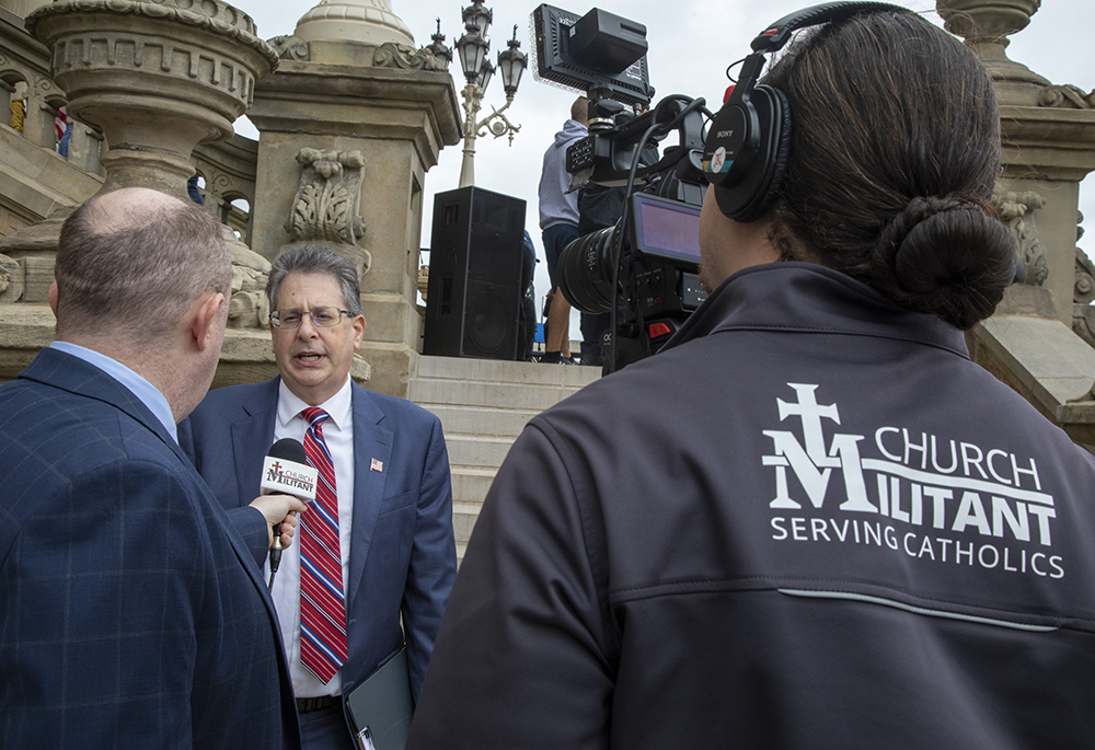 A reporter with Church Militant, also known as St. Michael's Media, interviews Matt DePerno, candidate for Michigan attorney general, Oct. 12, 2021, in Lansing, Michigan. (CNS/Jim West)